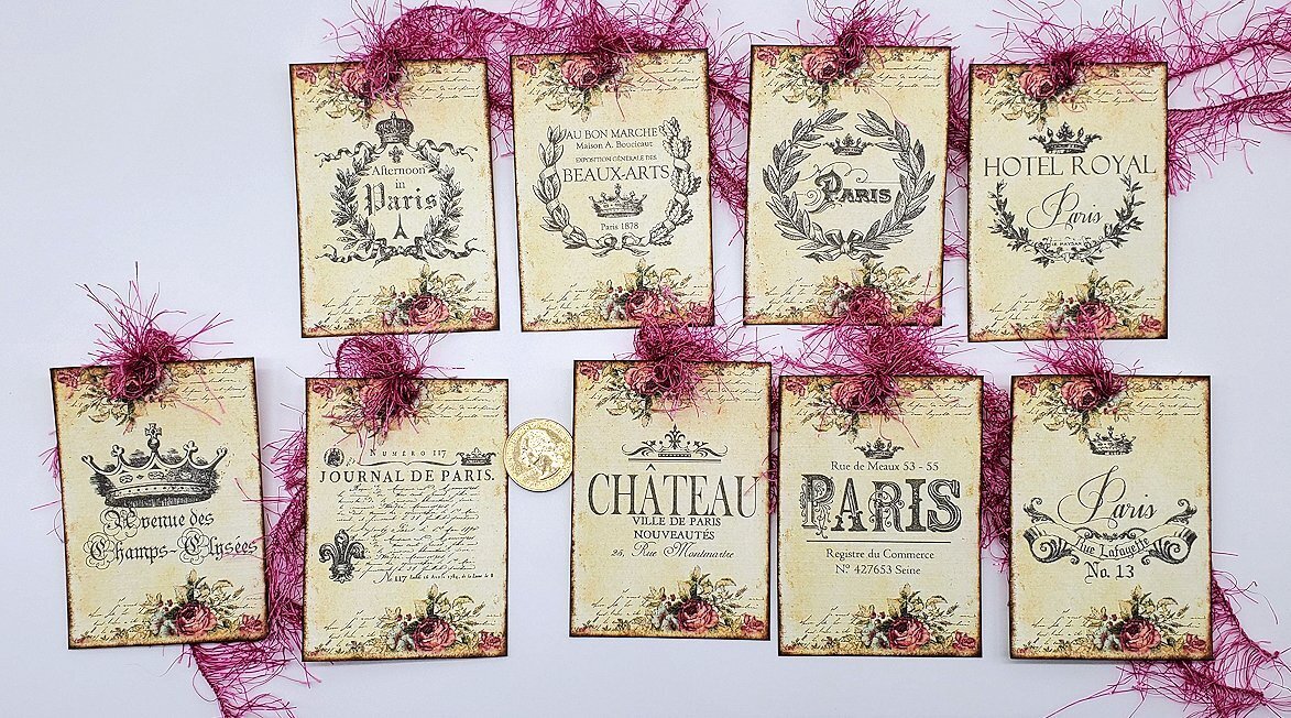 9~Ephemera~Handmade~Linen Cardstock~Paris~French~Gift~Hang~Tags~Journals