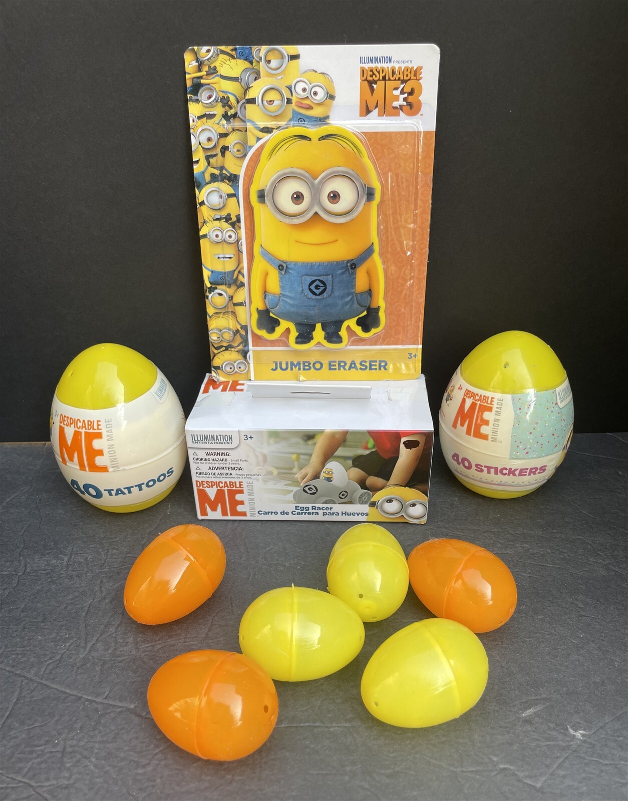 Easter Basket Lot: Minions Egg Racer Car*Tattoos*Stickers*Eraser + Fillable Eggs