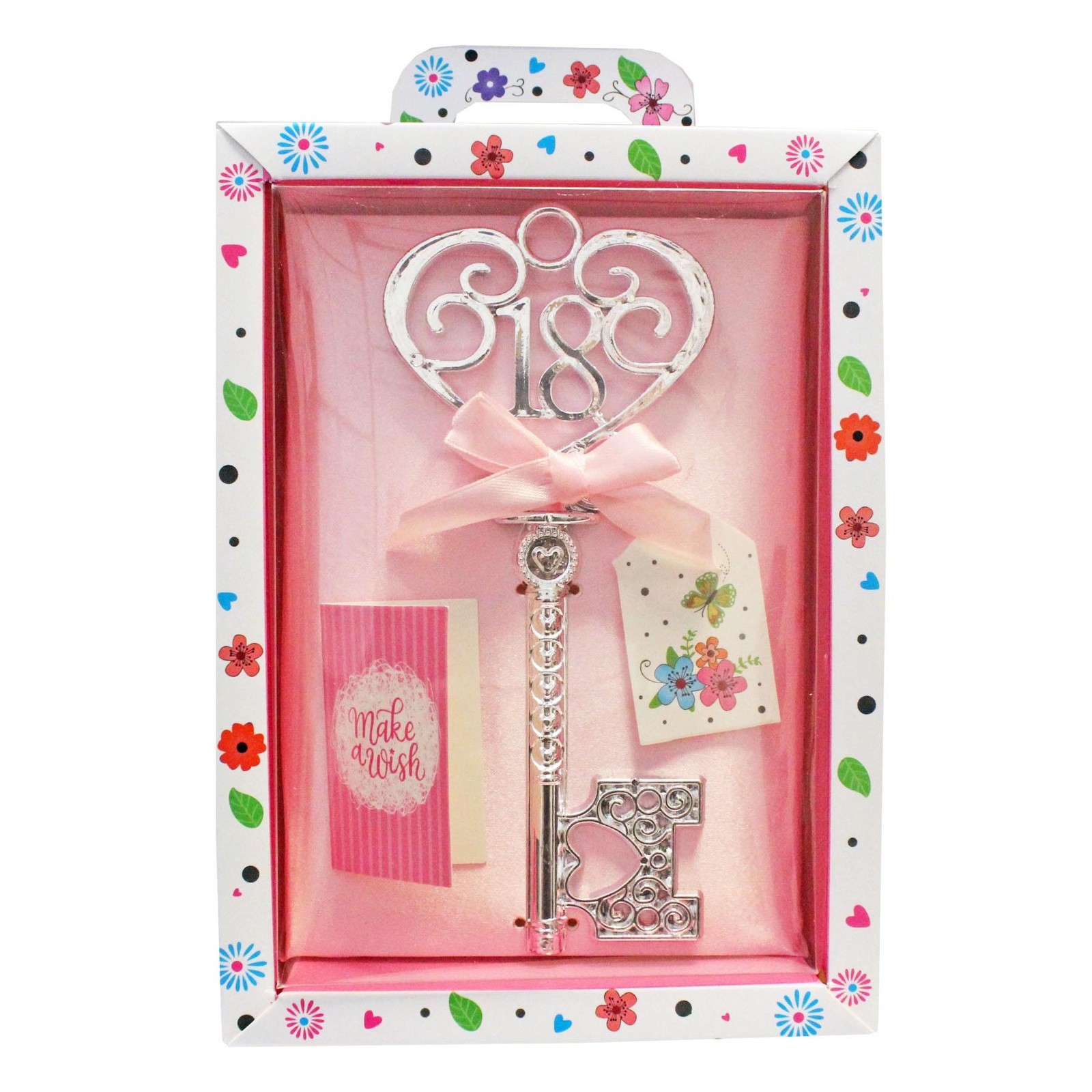 Boxed Silver 18th Birthday Key Keepsake Gift – Pink Design Floral