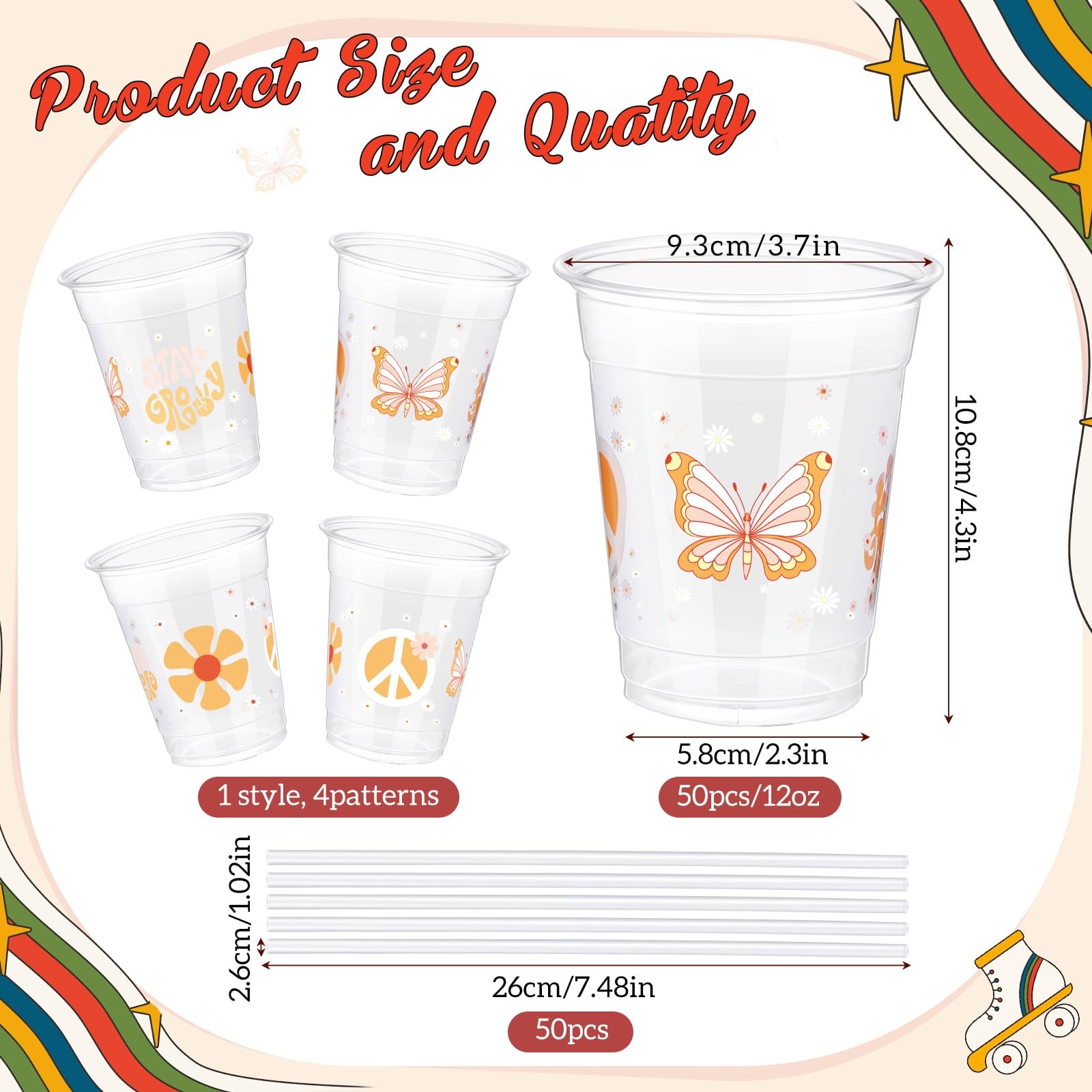 Sliner 50 Pcs Groovy Party Plastic Cups with Straws 3.7 x 4.3 inches, Clear