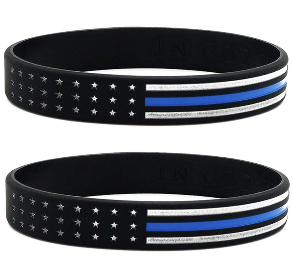 (6-pack) Thin Blue Line Flag Bracelets – Bulk Pack of 6 Silicone Wristbands f…