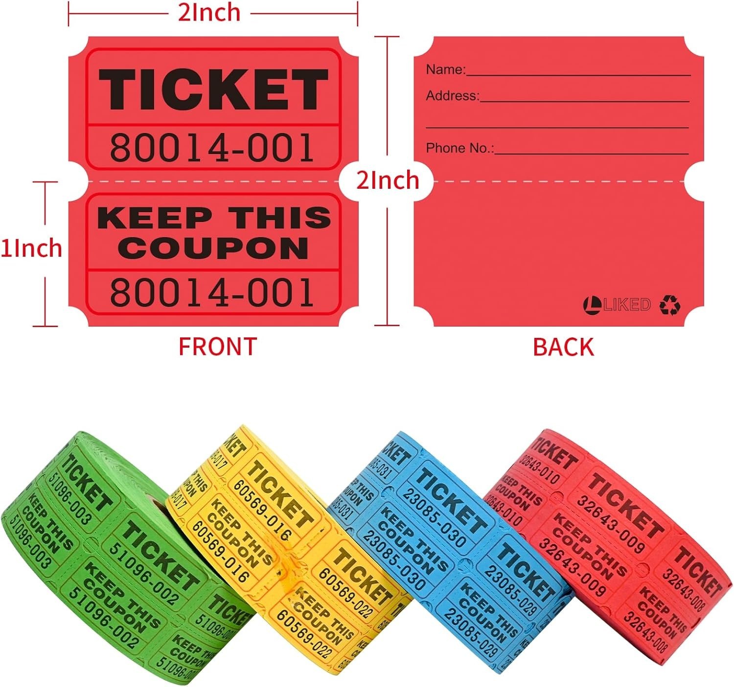 4000 Pairs Double Raffle Tickets – 4 Assorted Colors Blue, Yellow, Red, Green…