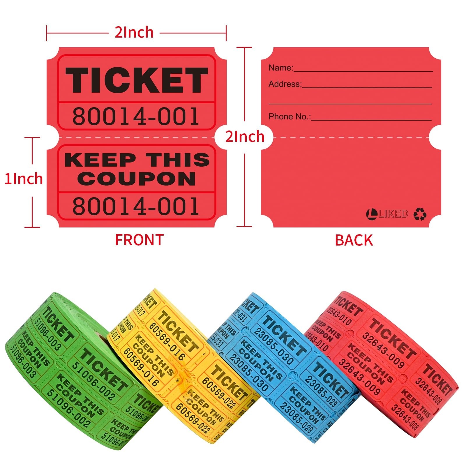 4000 Double Raffle Tickets – 4 Colors (Blue, Yellow, Red, Green) for Events & Fu