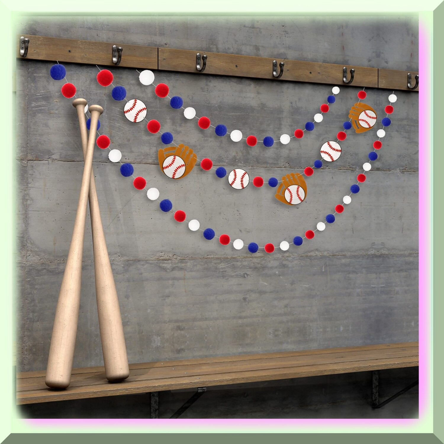 Baseball Pompom Garland Blue Red White 8.2ft
