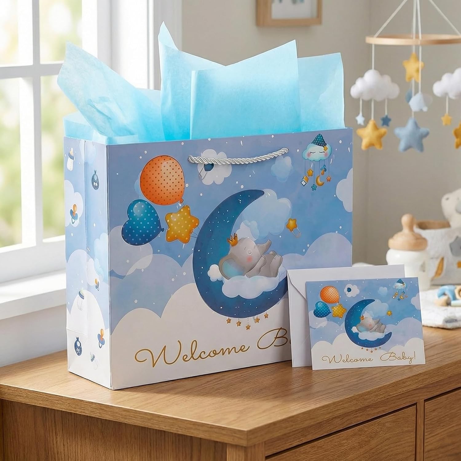 Baby Boy Bag with Tissue Paper & Card, Lar Blue Elephant Bag