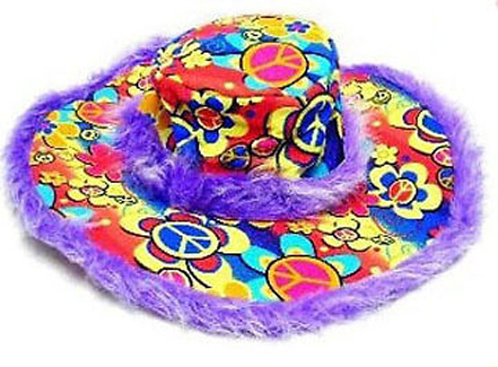 FUZZY PURPLE PEACE SIGN WIDE BRIM HAT hippie party hats WILD CRAZY NOVELTY CAP