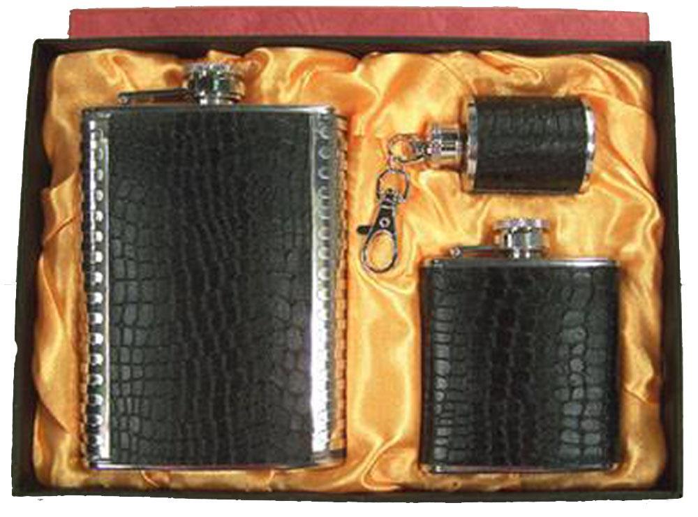 BLACK 3 ASSTORTED SIZES FLASK DRINKING GIFT SET mens womens gifts drink hip #410
