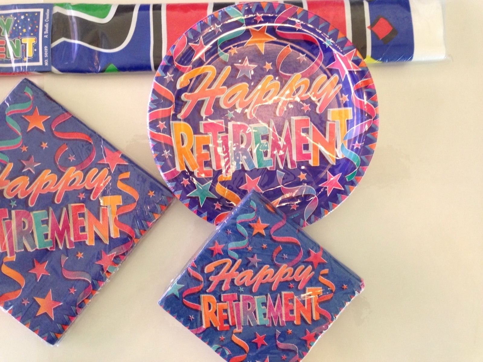 Happy Retirement Party Supplies – 8 people Plates, Napkins, Cups & Banner