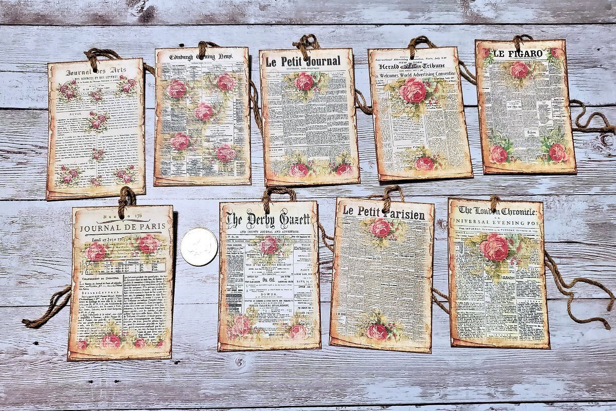 9~Vintage~Ephemera~Old Newspaper~Junk Journal~Linen Cardstock~Gift~Hang~Tags