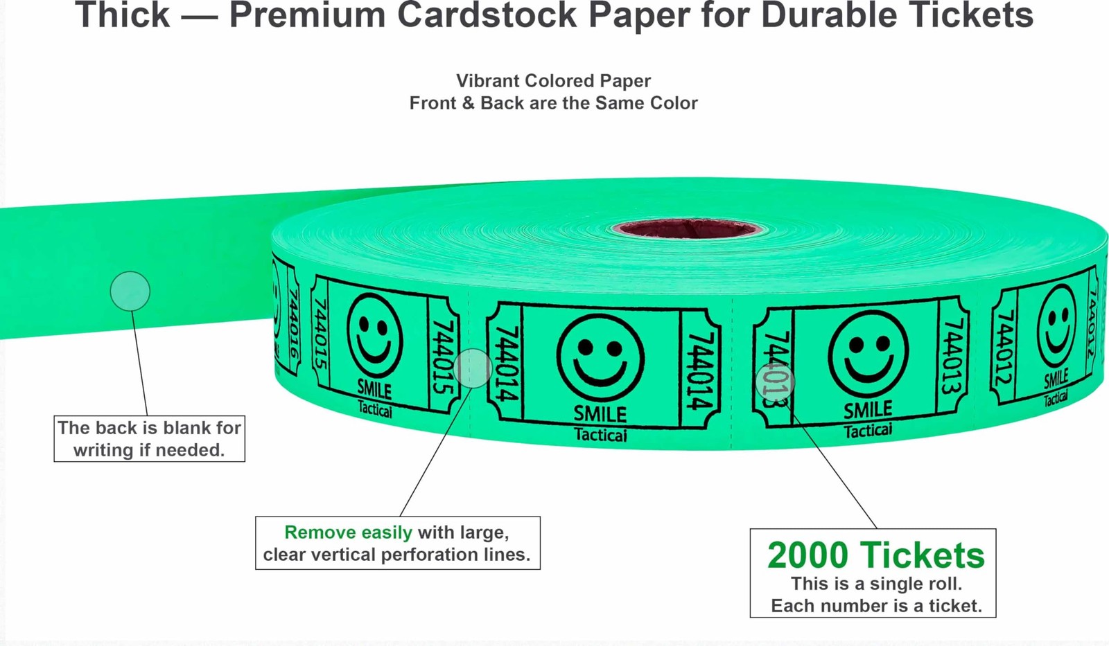 2000 Raffle Tickets Smile Green 1 of 8 Colors Single Roll Ticket for Events E…
