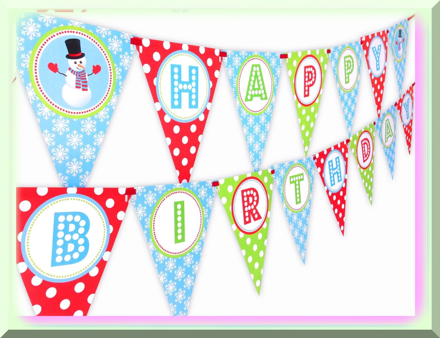 Snowman Birthday Celebration Banner with Flags and Ribbon
