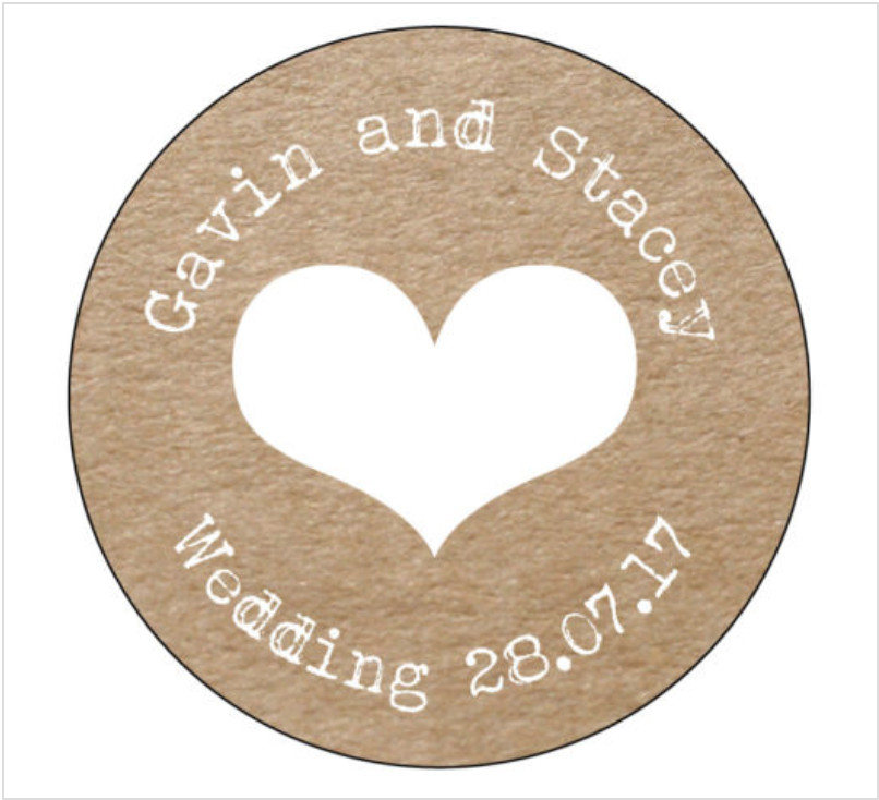 HEART Personalised Wedding Shabby Brown Kraft Effect Favour Stickers — 020
