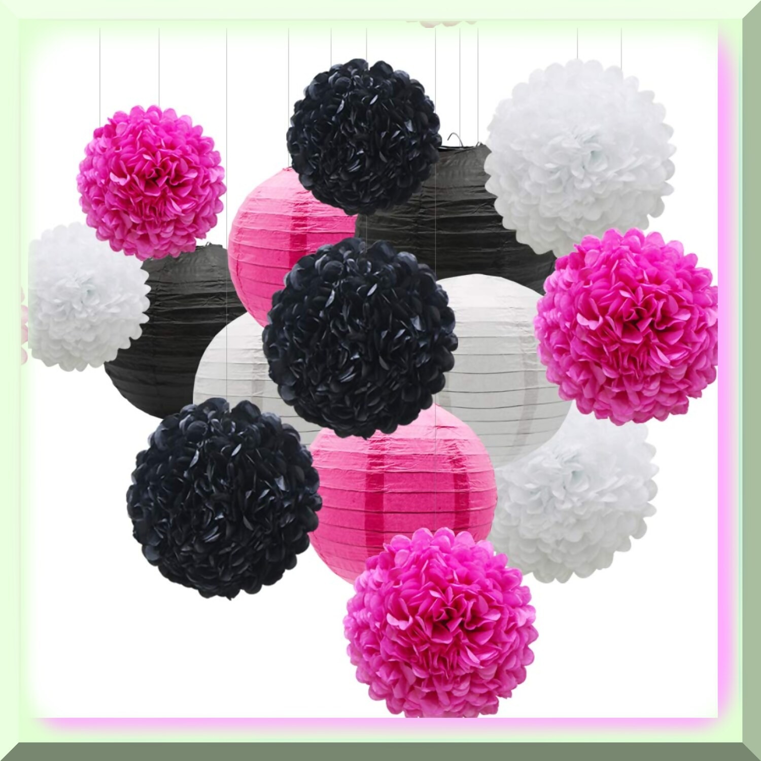 Pink White Black Paper Flower and Pom-Pom Party Pack