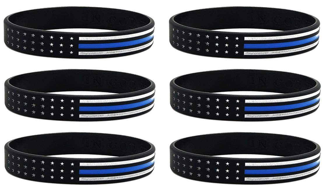 (6-pack) Thin Blue Line Flag Bracelets – Bulk Pack of 6 Silicone Wristbands f…