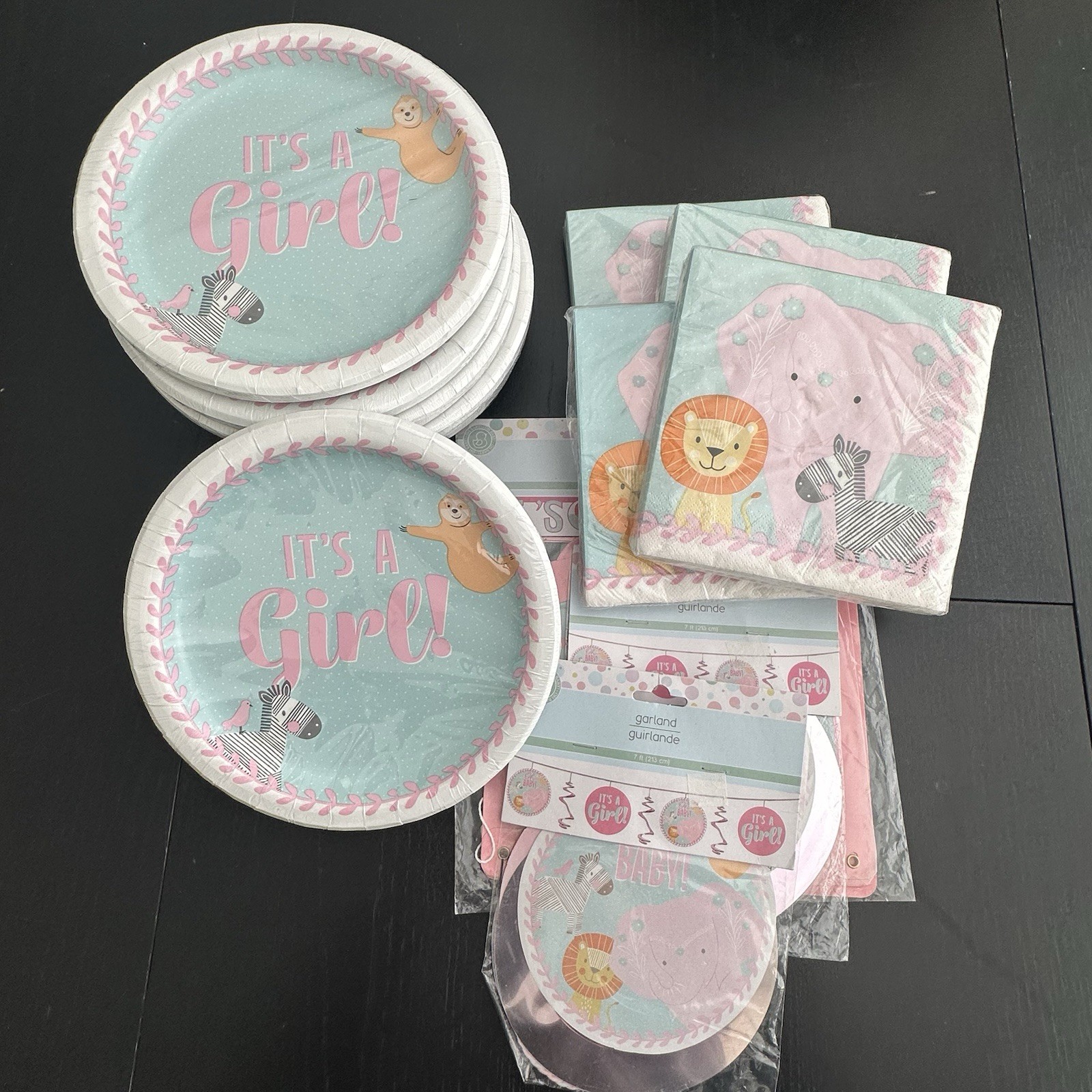 It’s a Girl Baby Shower Party Set Jungle Safari Animals Plates Napkins Banners
