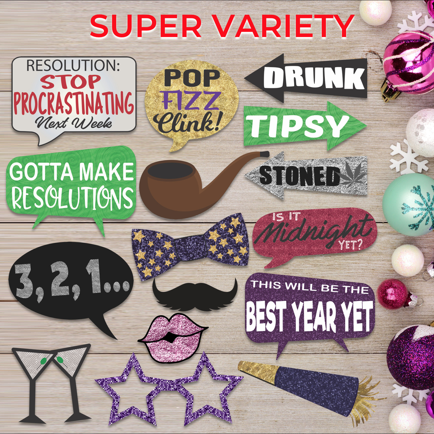 Deluxe New Year’s Eve Photo Party Props, Photo Booth Props for New Year Party