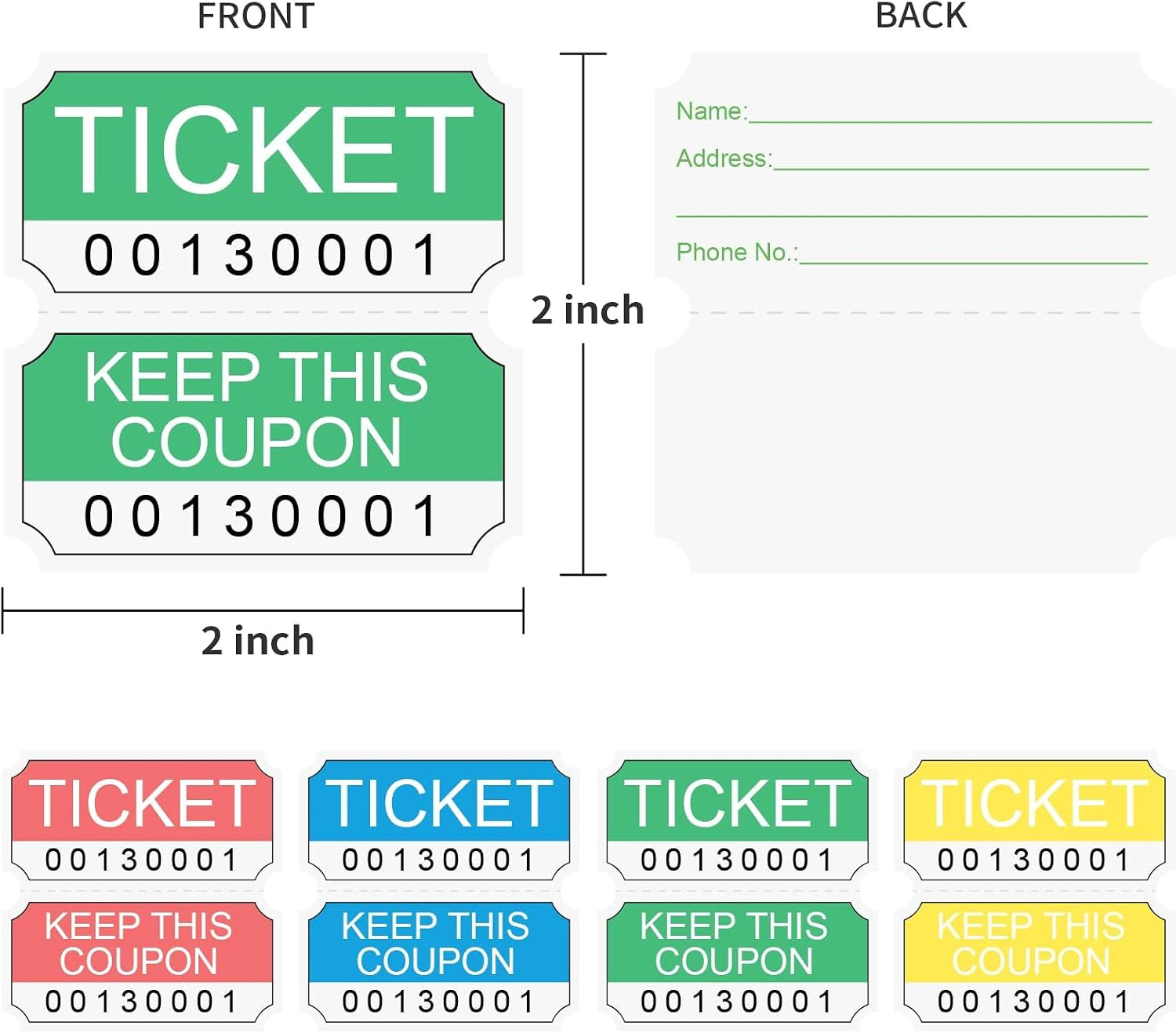L LIKED 1000 Pairs Raffle Tickets Double Rolls,4 Vibrant Colors (Blue/Red/Yellow