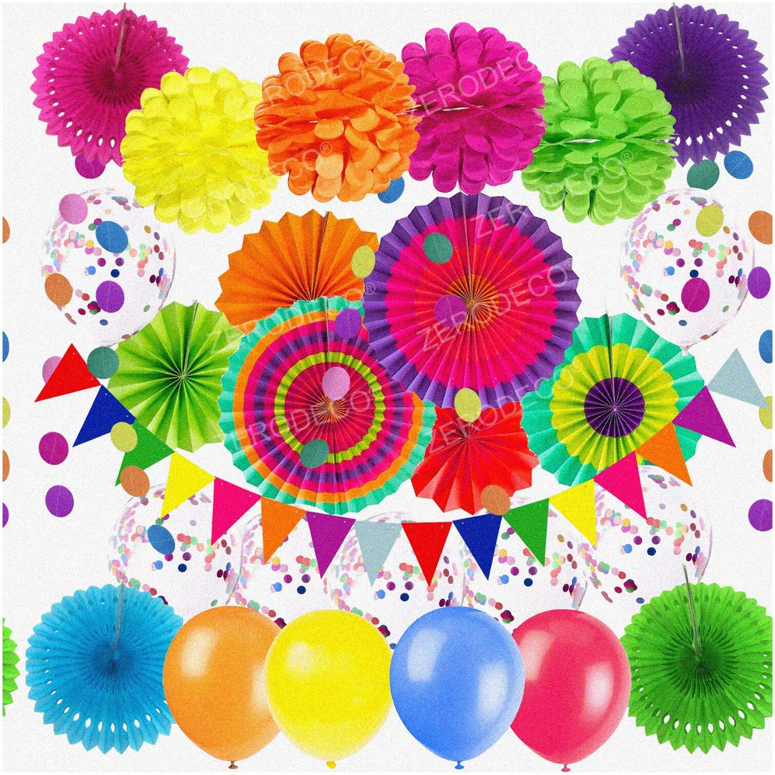 Colorful Party Decorations Set with Balloons Banners Fans