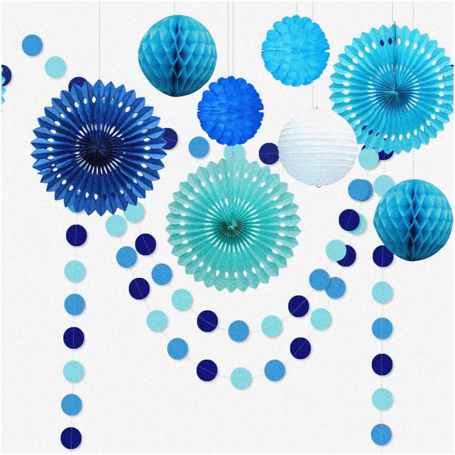 Blue and White Paper Fan Flowers Tissue Pom-Poms Garlands