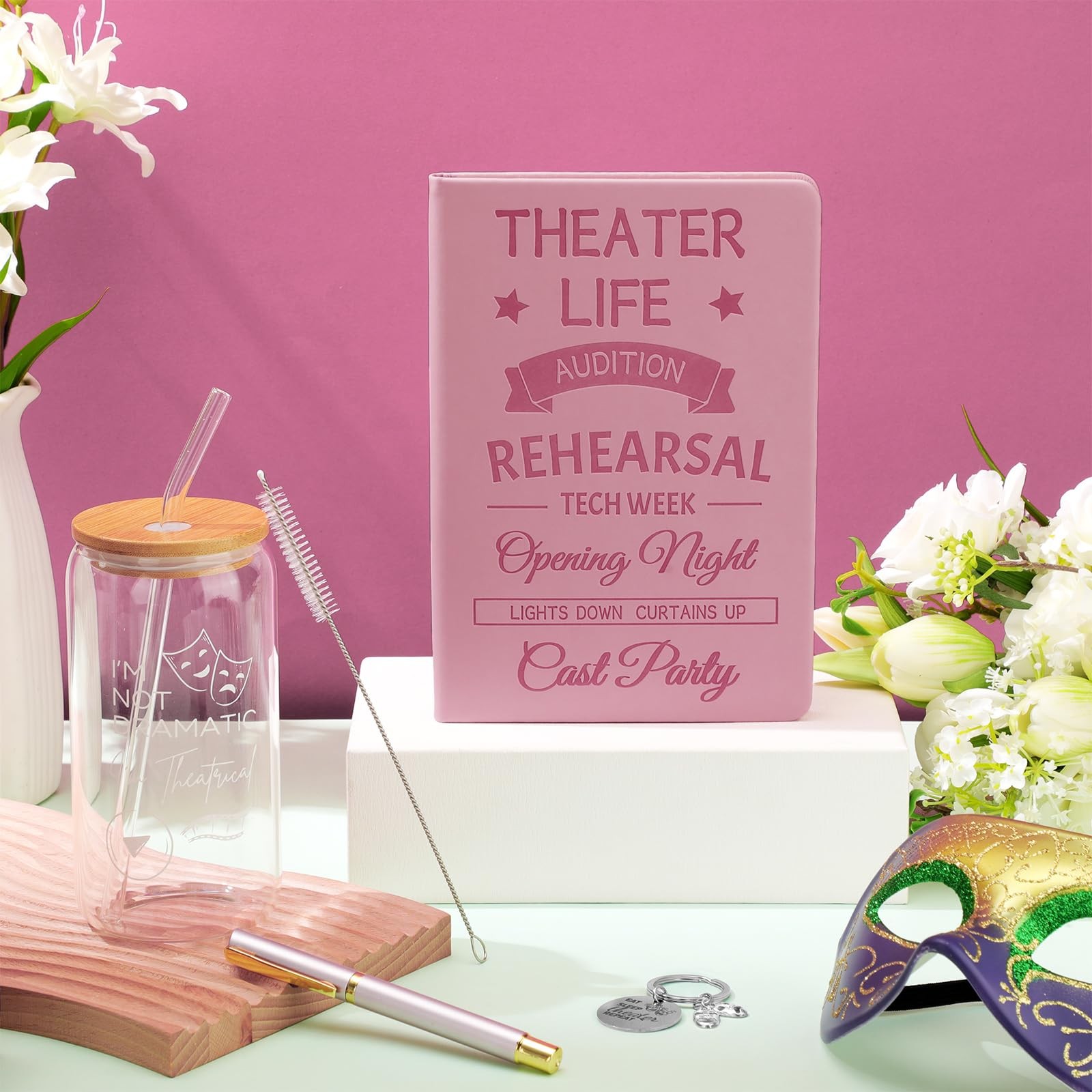 4 Pcs Theatre Gifts for Women Teens Theater Life 16oz Glass Cup Leather Notebook