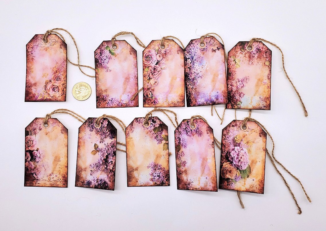 10-Vintage-Shabby-Floral-Flowers-Junk Journal-Purple-Linen Cardstock-Hang Tags