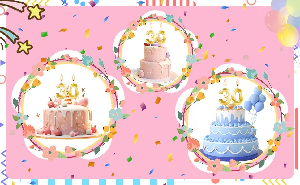 30th Birthday Candles for Cake, Gold Candles for Happy Birthday