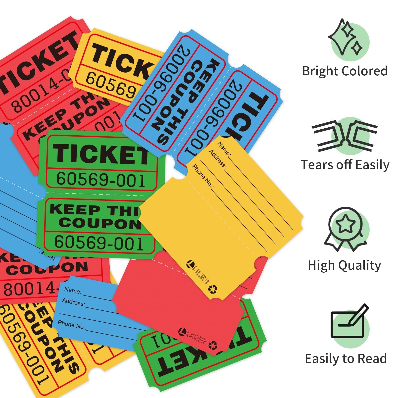 4000 Double Raffle Tickets – 4 Colors (Blue, Yellow, Red, Green) for Events & Fu