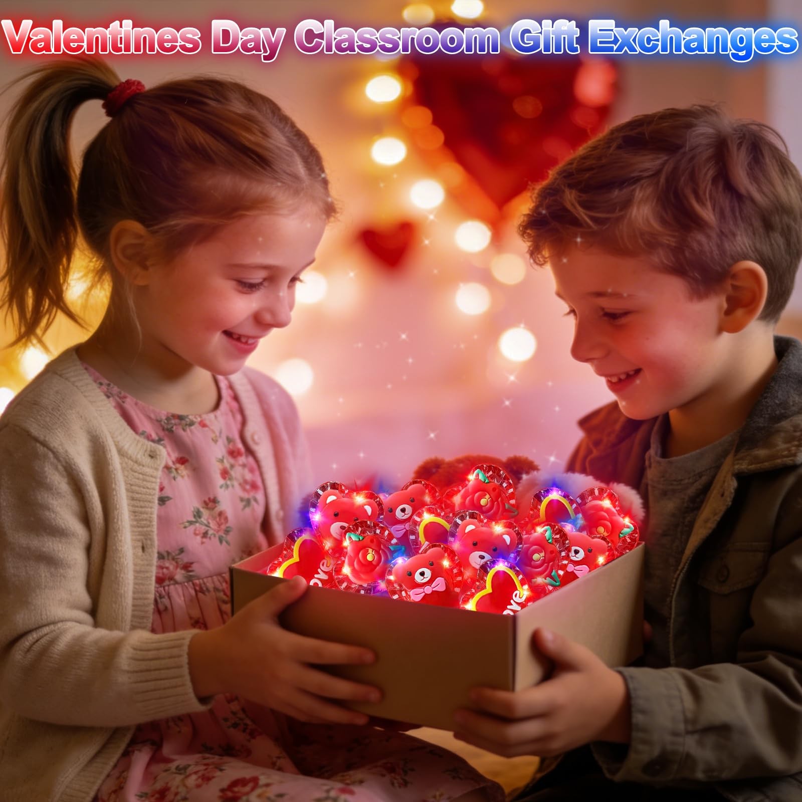 24 Pack Valentines Day Gifts for Kids Light Up Red Heart & Bear Necklaces