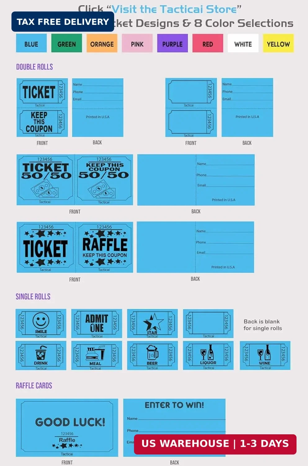 1000 Tacticai Raffle Tickets, Red (1 of 8 Colors), Double Roll, Ticket for Event