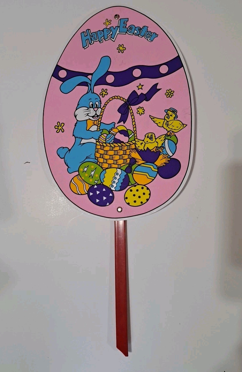Vintage Easter Decoration Sign Egg Shape on Stick Garden Yard Decor Bunny