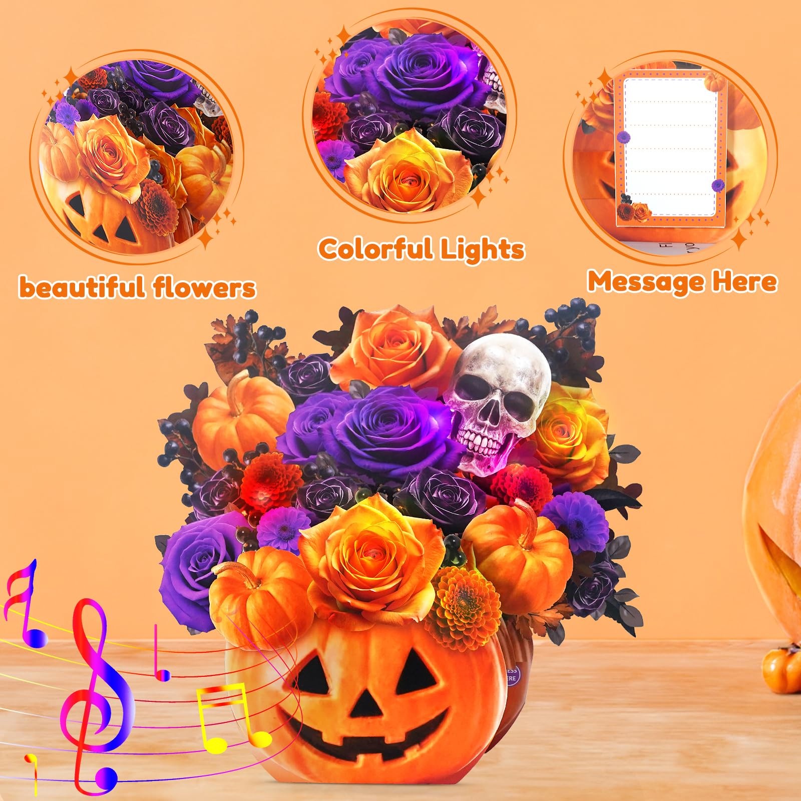 APOTODITO Halloween Bouquet Card with Music and Lights, Orange