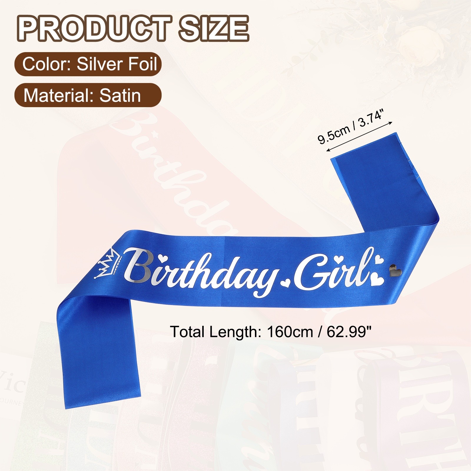 Birthday Girls Sash with Pin Silver Foil Lettering for Birthday Cobalt Blue