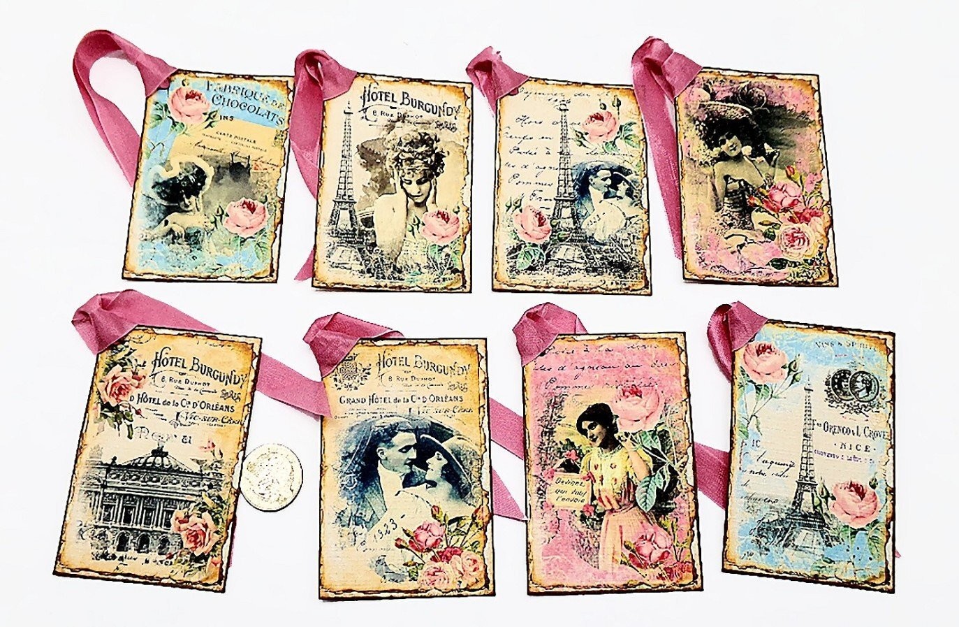 8-Vintage-Paris-French-Junk Journal-Ephemera-Linen Cardstock-Gift-Hang-Tags