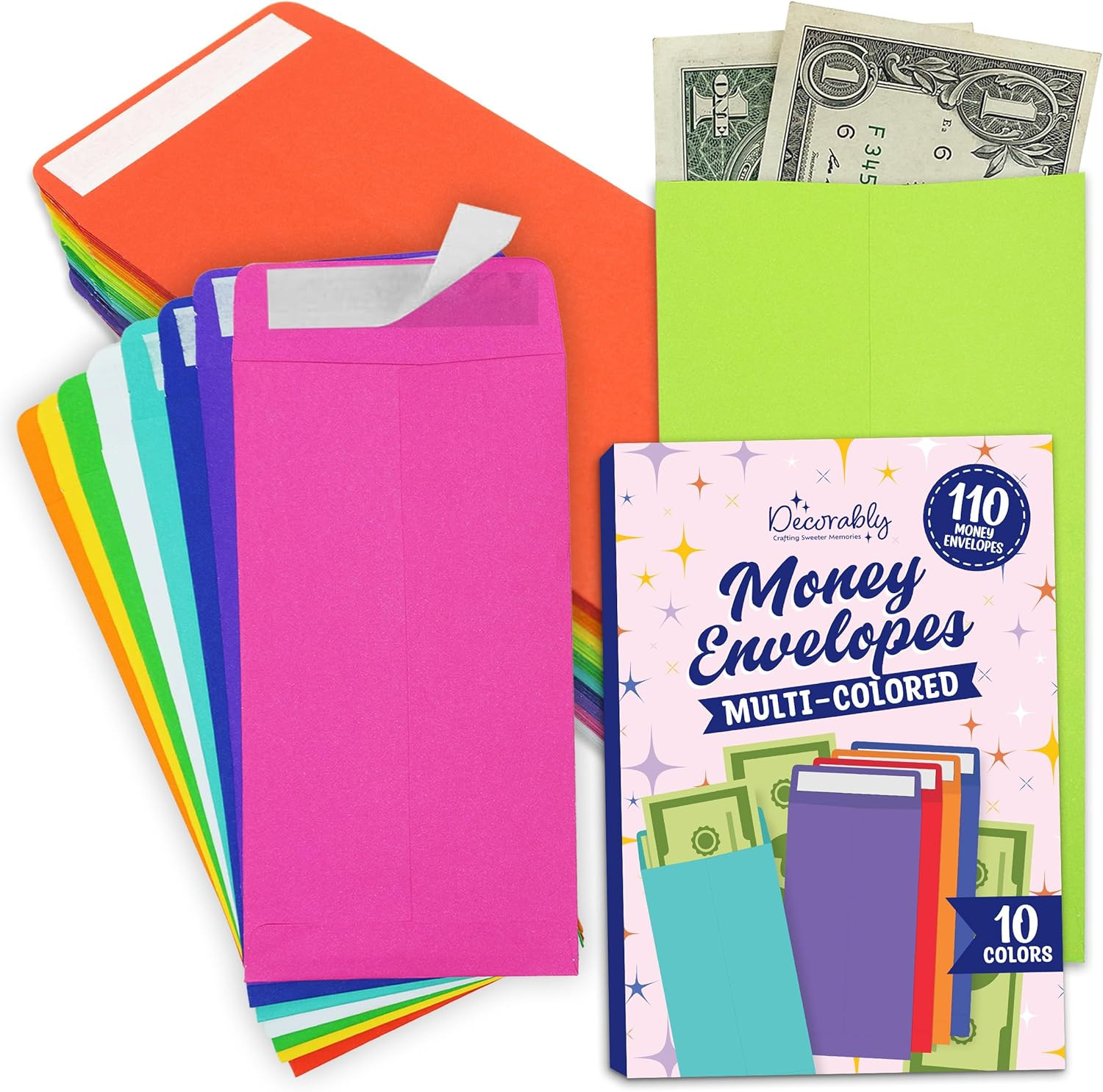 110 Pack Colorful Money Envelopes for Cash with Double-Sided Tape, 3.5×6.5in Col