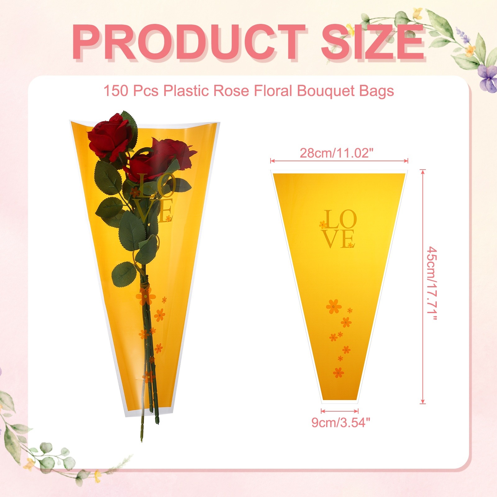 150 Pcs Plastic Rose Floral Bouquet Bags 17.7″ Flower Sleeves Bags, Orange