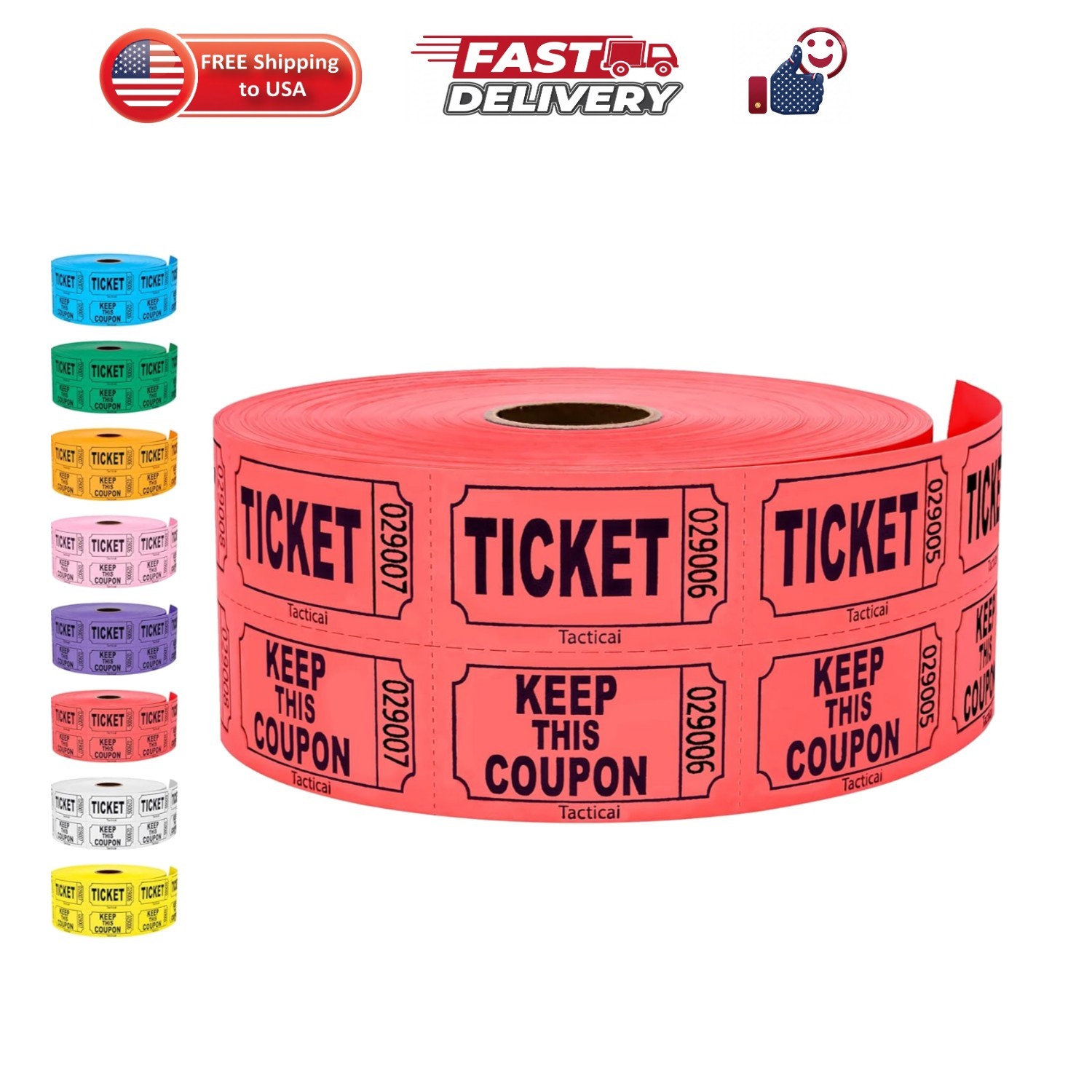 1000 Raffle Tickets, 50/50 Double Roll, Red | 8 Color Options, Cardstock, Cl…