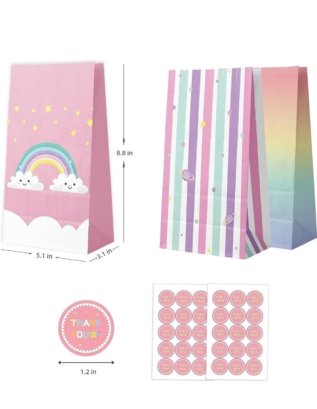 Rainbow Party Favors Candy Treat Gift Bags with Thank You Stickers