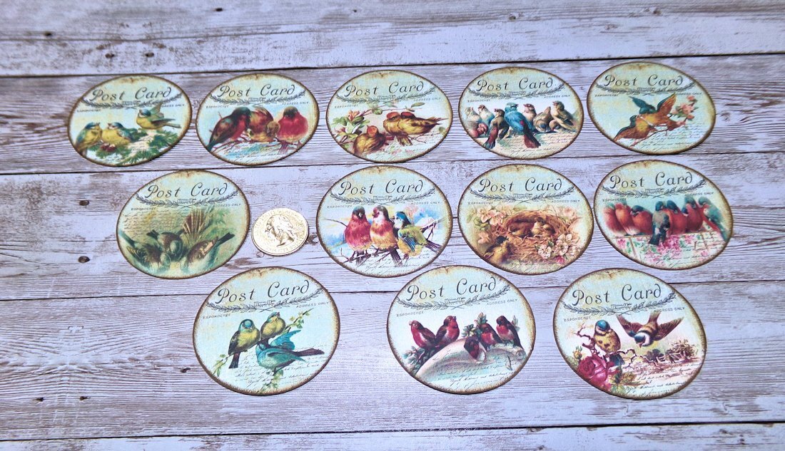 12~Vintage~Birds~Post Card~Junk Journal~Linen Cardstock~Circle~Stickers