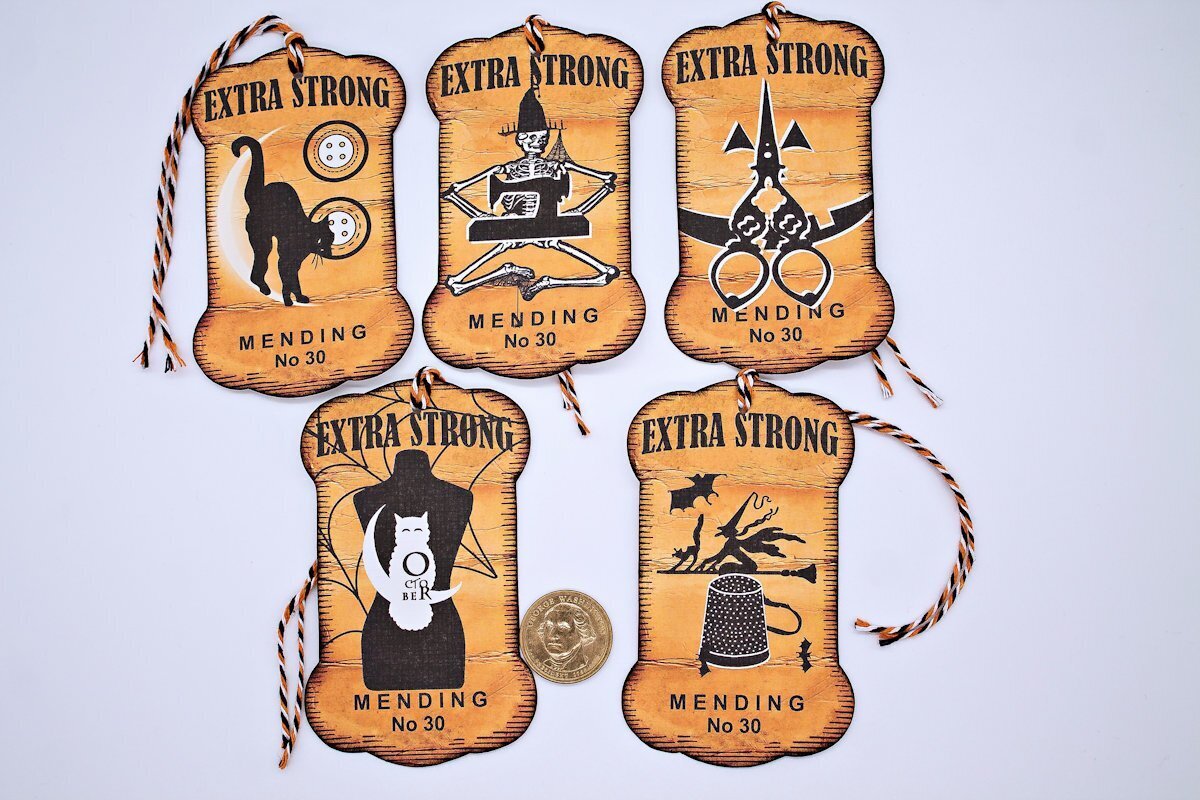 5~Halloween~Vintage Style~Witch~Thread Winder~Linen Cardstock~Gift~Hang~Tags