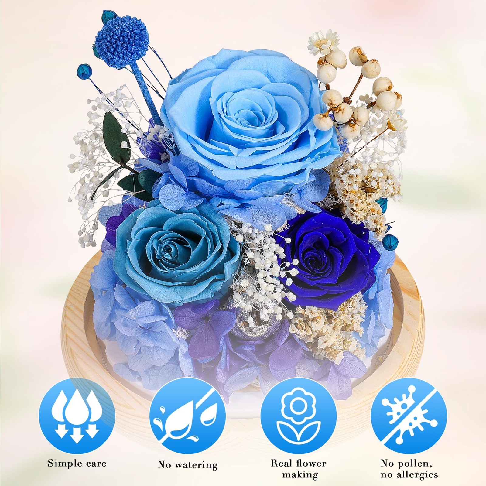 3-Tone Preserved Rose in Glass Dome with LED Lights – Eternal Roses Flower w/…