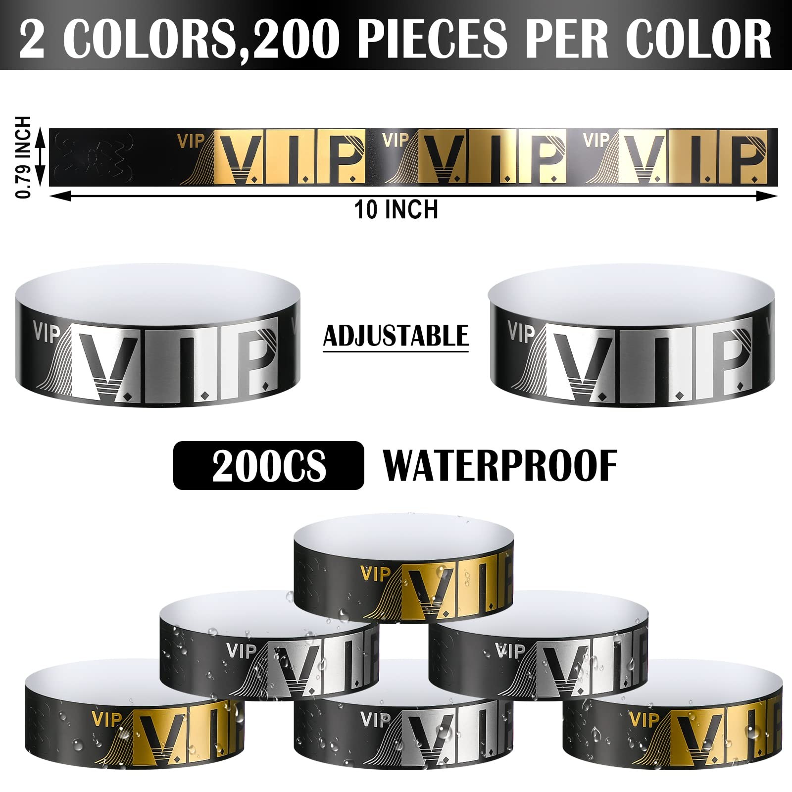 200 Pack VIP Wristbands for Events Bracelets 0.79 x 10 inch, Gold, Silver