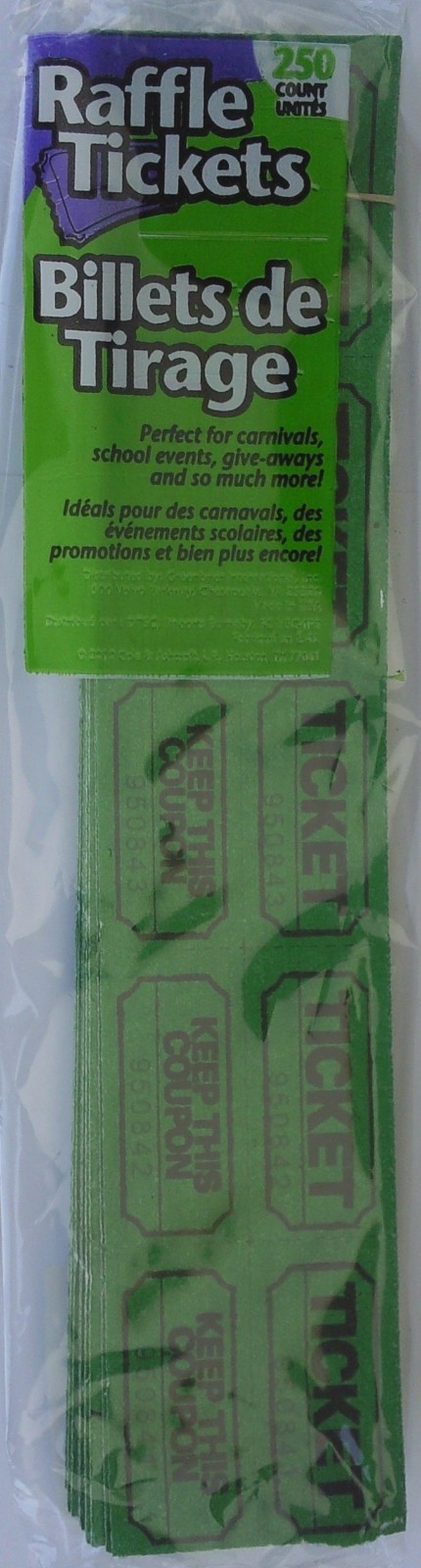 DOUBLE STUB RAFFLE TICKETS Prefolded 250 Tickets/Pack, SELECT: Color