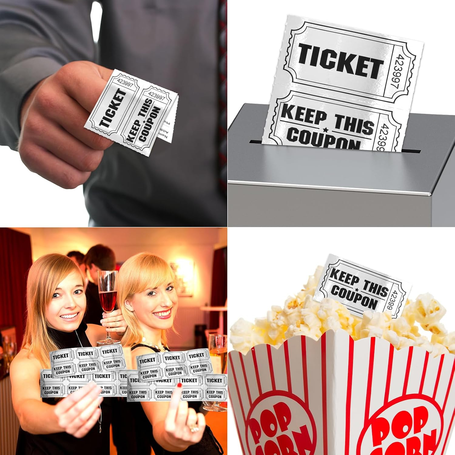 1000 Raffle Tickets Double Roll Metallic Silvery Foil Ticket for Events Carni…