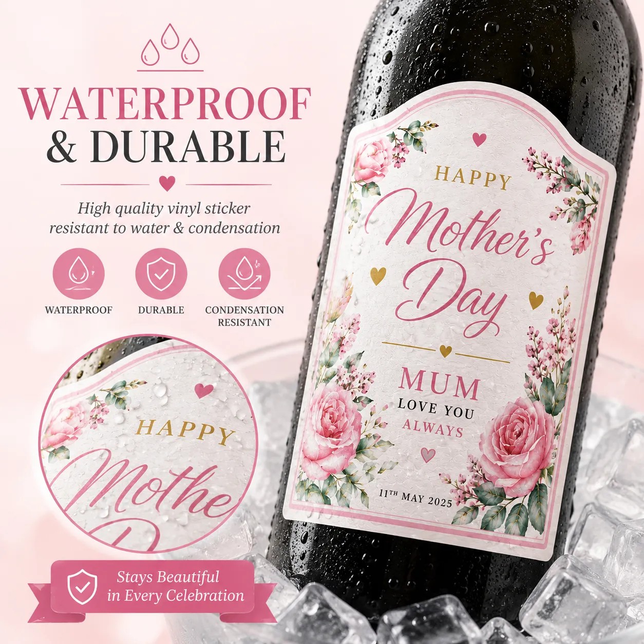 Personalised Mother’s Day Bottle Label Sticker Custom Wine Gift for Mum Floral