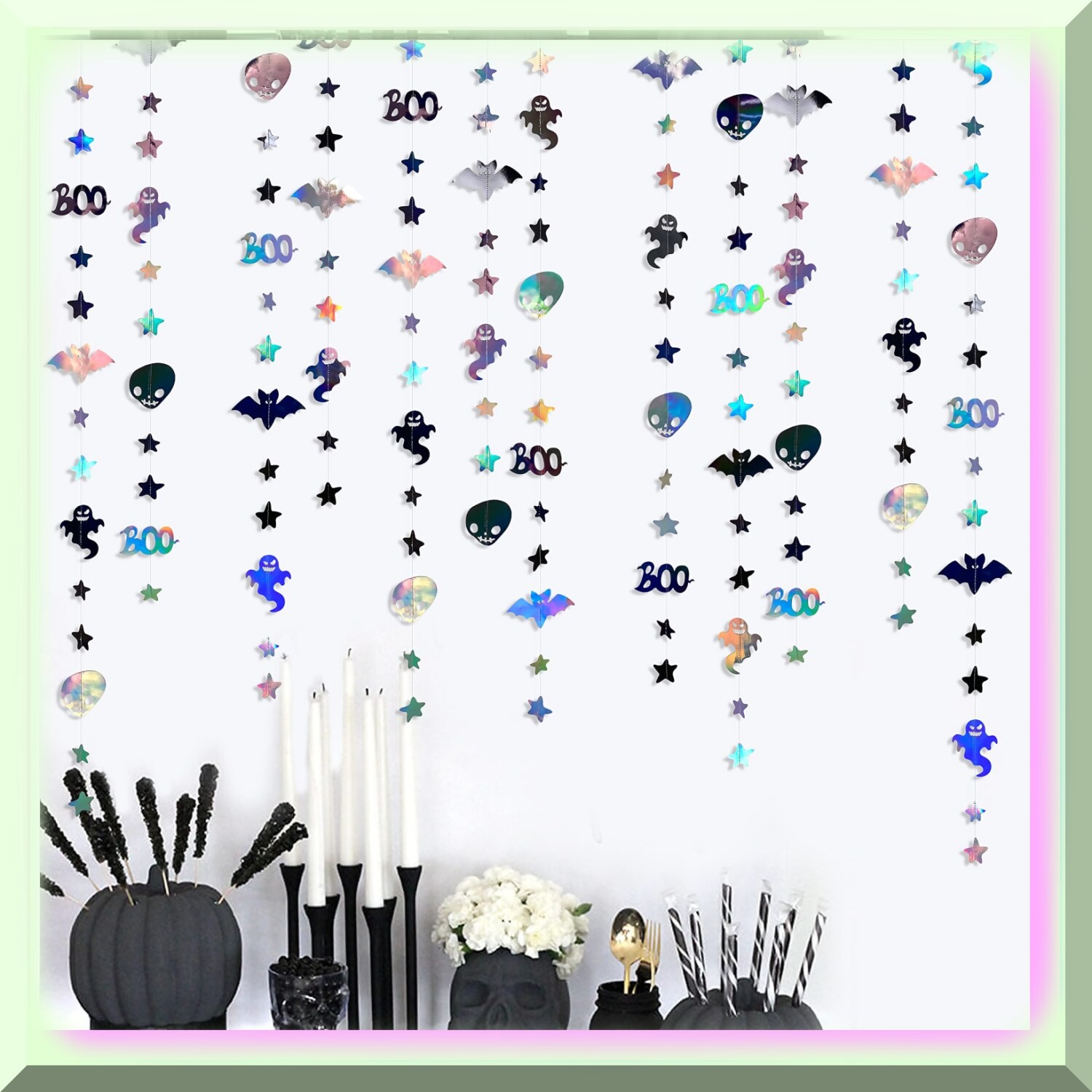 Iridescent Halloween Ghost Bat Skull Garland