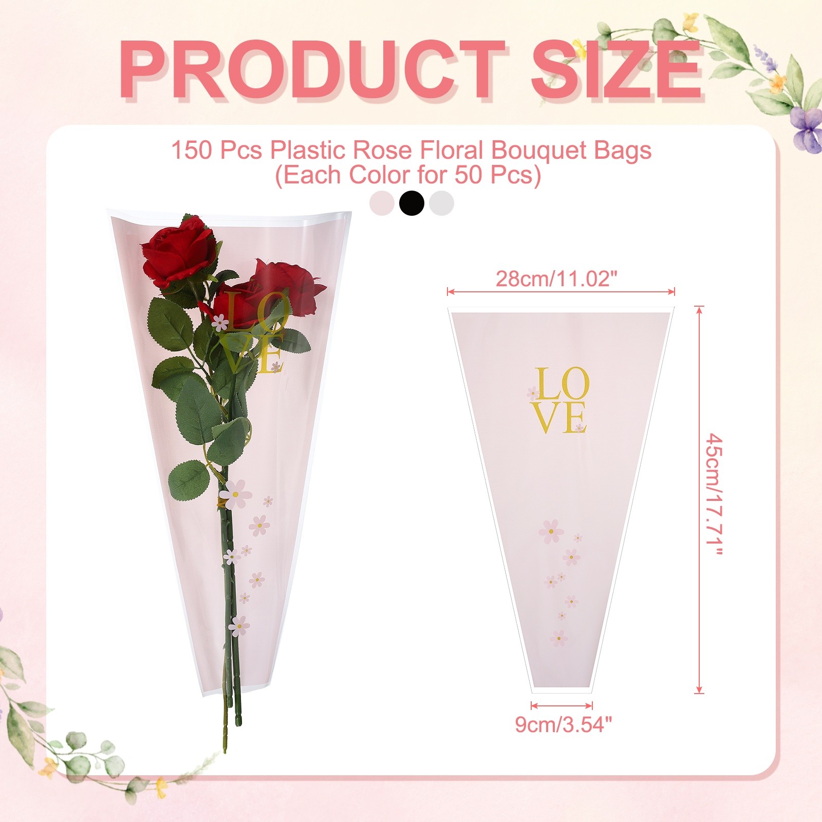 150 Pcs Plastic Rose Floral Bouquet Bags 17.7″ Flower Sleeves, Black/White/Pink