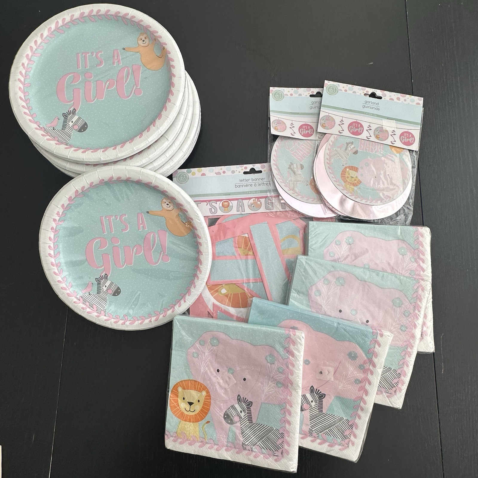 It’s a Girl Baby Shower Party Set Jungle Safari Animals Plates Napkins Banners