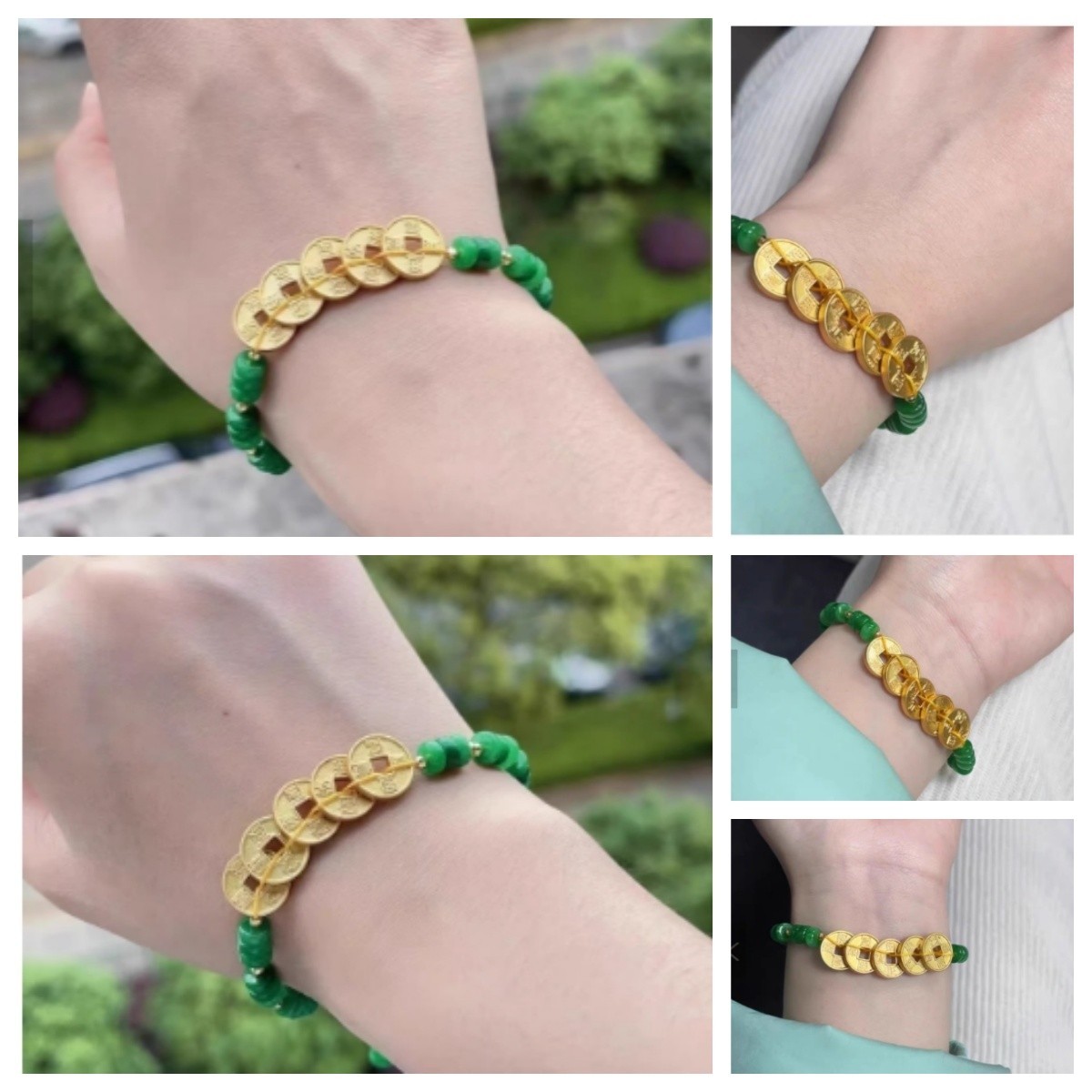 Chinese Green Chalcedony Beads Woven Bracelet Hand Rope Luck Wealth Blessing