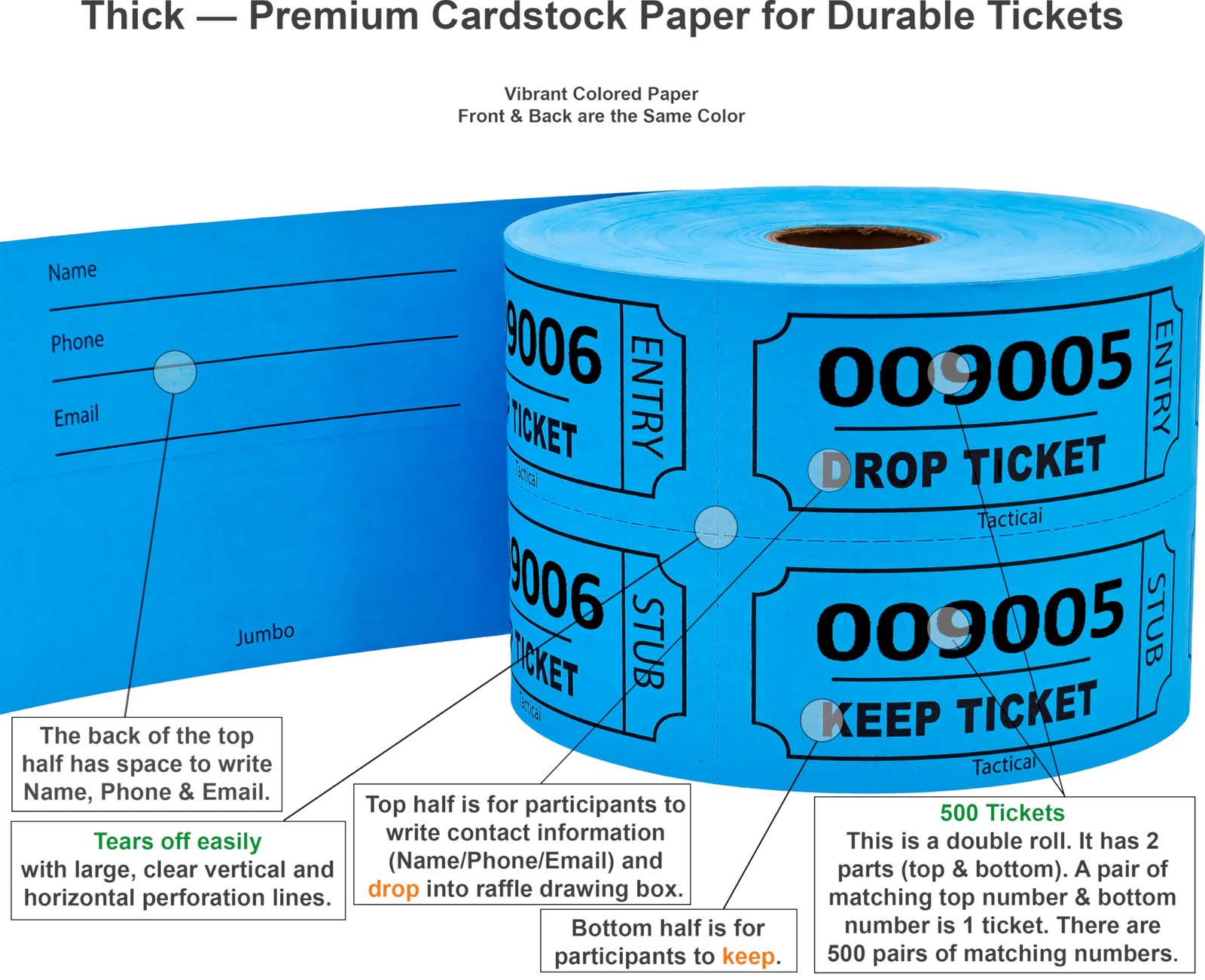 500 Raffle Tickets Blue Double Roll Jumbo Ticket Event Entry Fundraiser Prize
