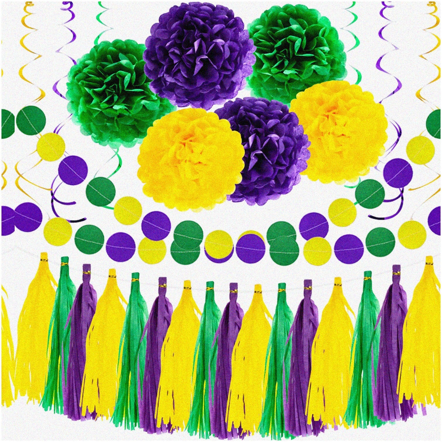 Mardi Gras Tissue Paper Pom Poms and Decorations Pack